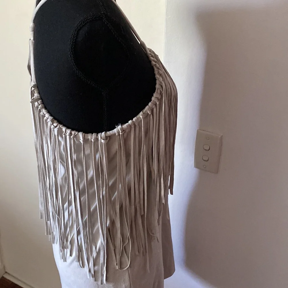 Zara Trafaluc Party Top Suede Off White Fringe Haltered Medium Pre Owned EC - Picture 7 of 13